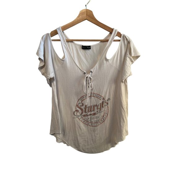 Bikero Pride White Cold Shoulder Top Sturgis Bling Design Women's Size L - Picture 1 of 8